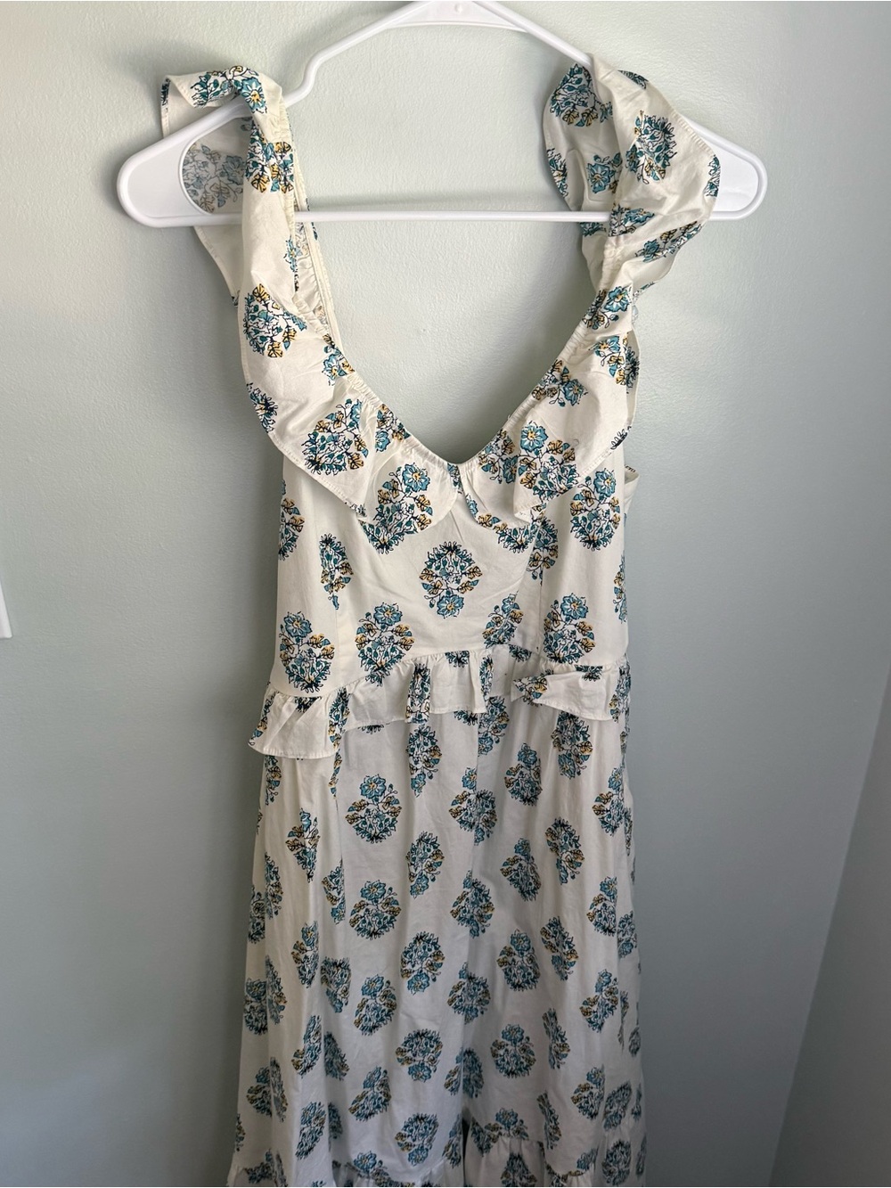 Floral Ruffle Midi Dress - Cream with Teal Print